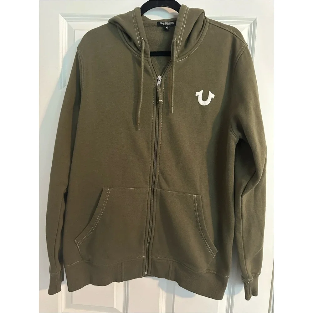 True Religion Men's Size L Olive Green Zip-Up Hoodie‎ Streetwear Y2K Logo